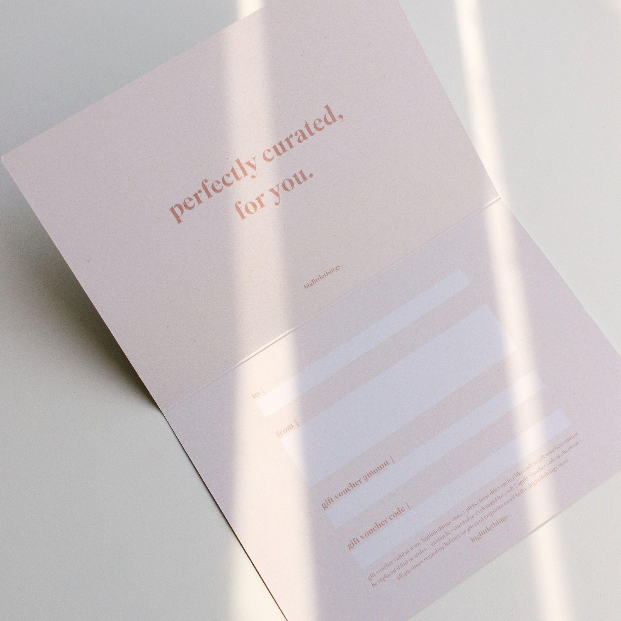 A biglittlethings gift voucher, perfectly cared for you, available on virtual shelves.