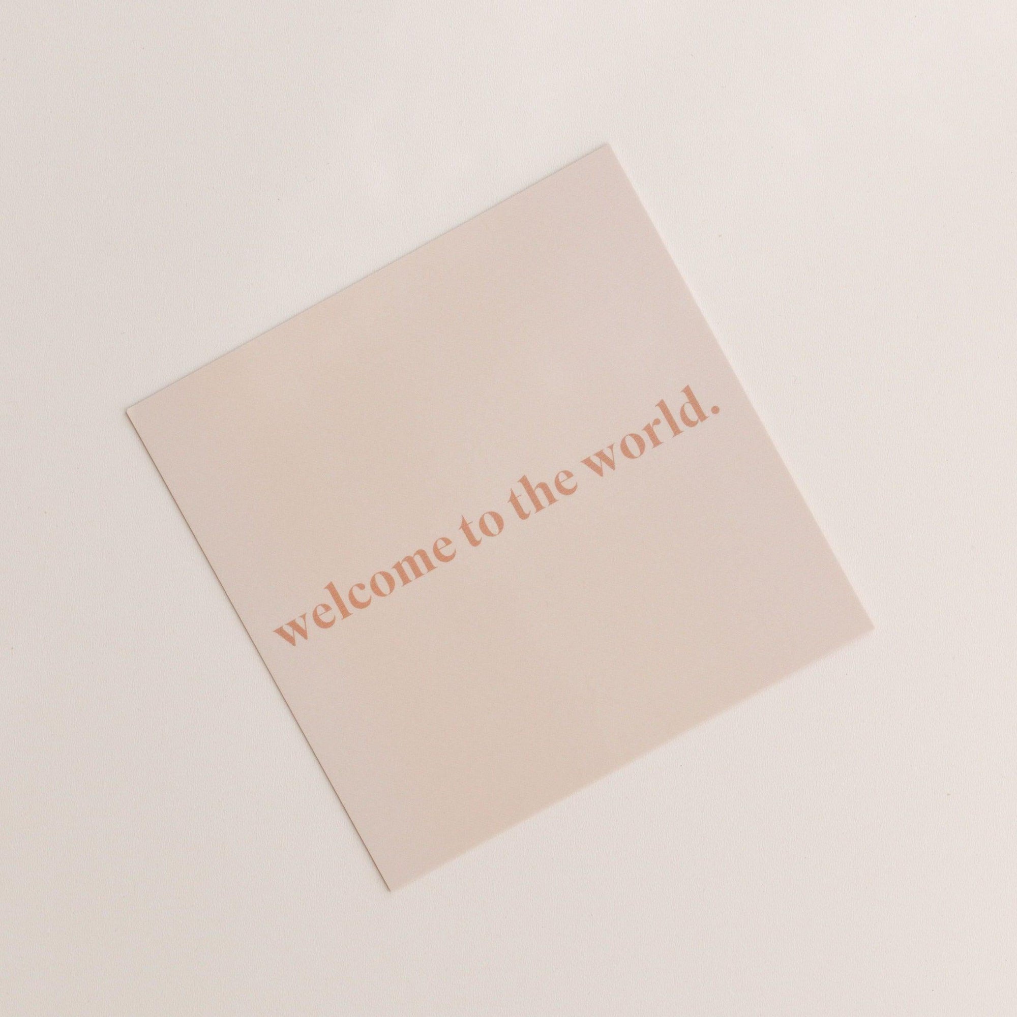 A "welcome to the world" gift card by biglittlethings, featuring a square design with the phrase "welcome to the world." printed in lowercase letters on a plain background.