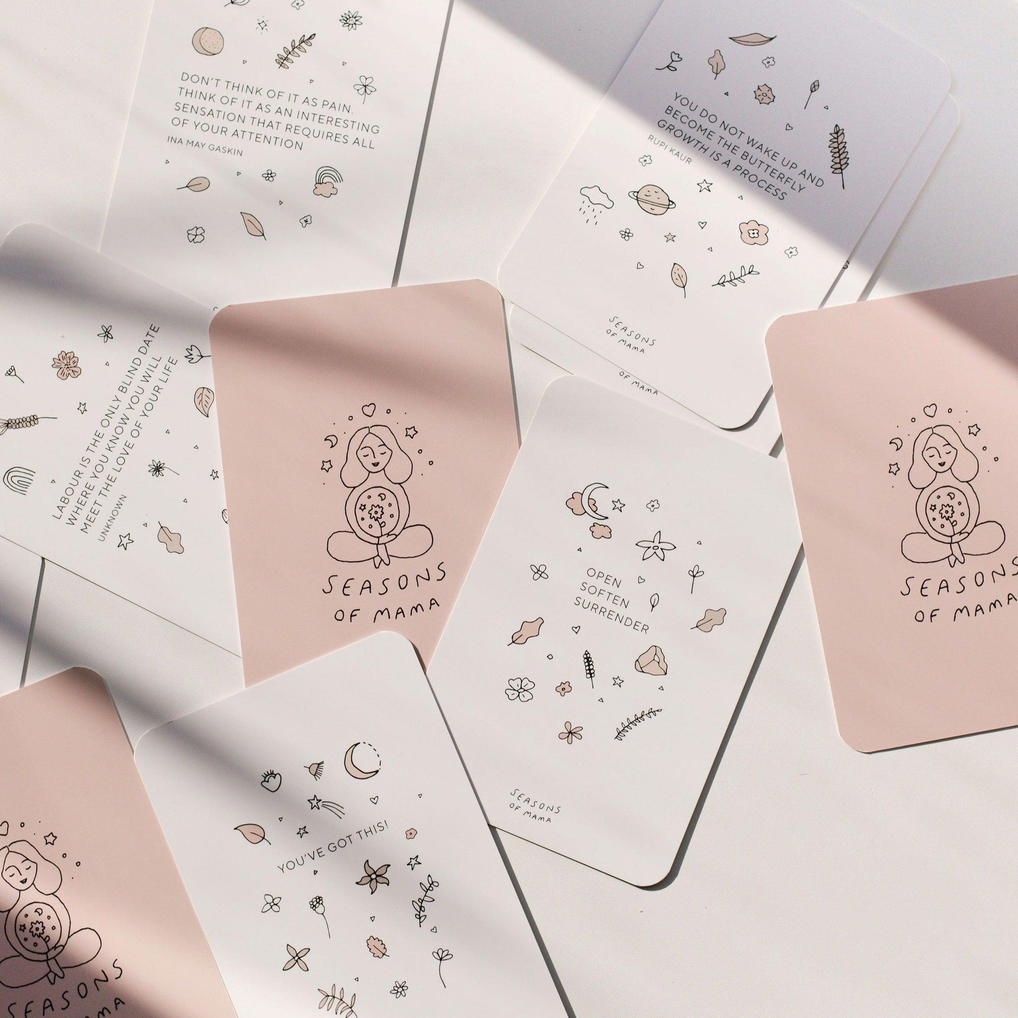 A collection of Birth Affirmation Cards with various designs, from Seasons of Mama.