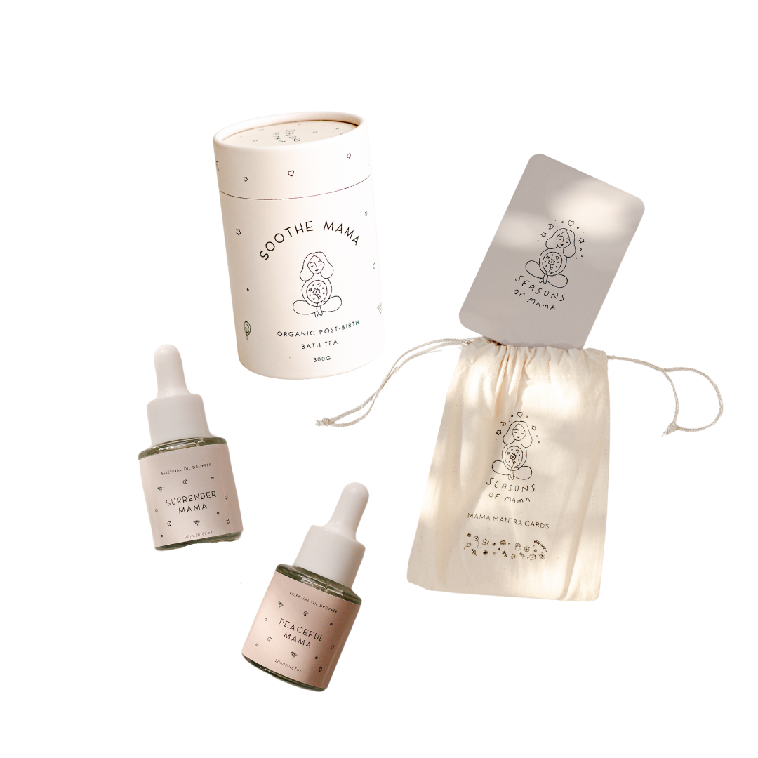 A Seasons of Mama gift set by BigLittleThings featuring a bottle of oil and a bag with free shipping.