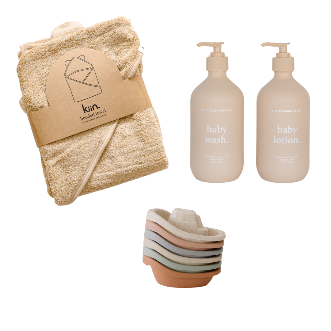 A biglittlethings bath time gift set featuring a bottle, soap, and towel. Enjoy free shipping on this charming baby gift set.