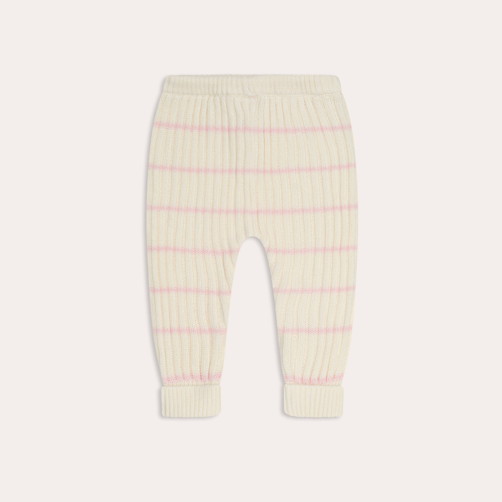 A baby's Illoura the Label white and pink striped illoura knit joey pants made with an elasticated waist for comfort.