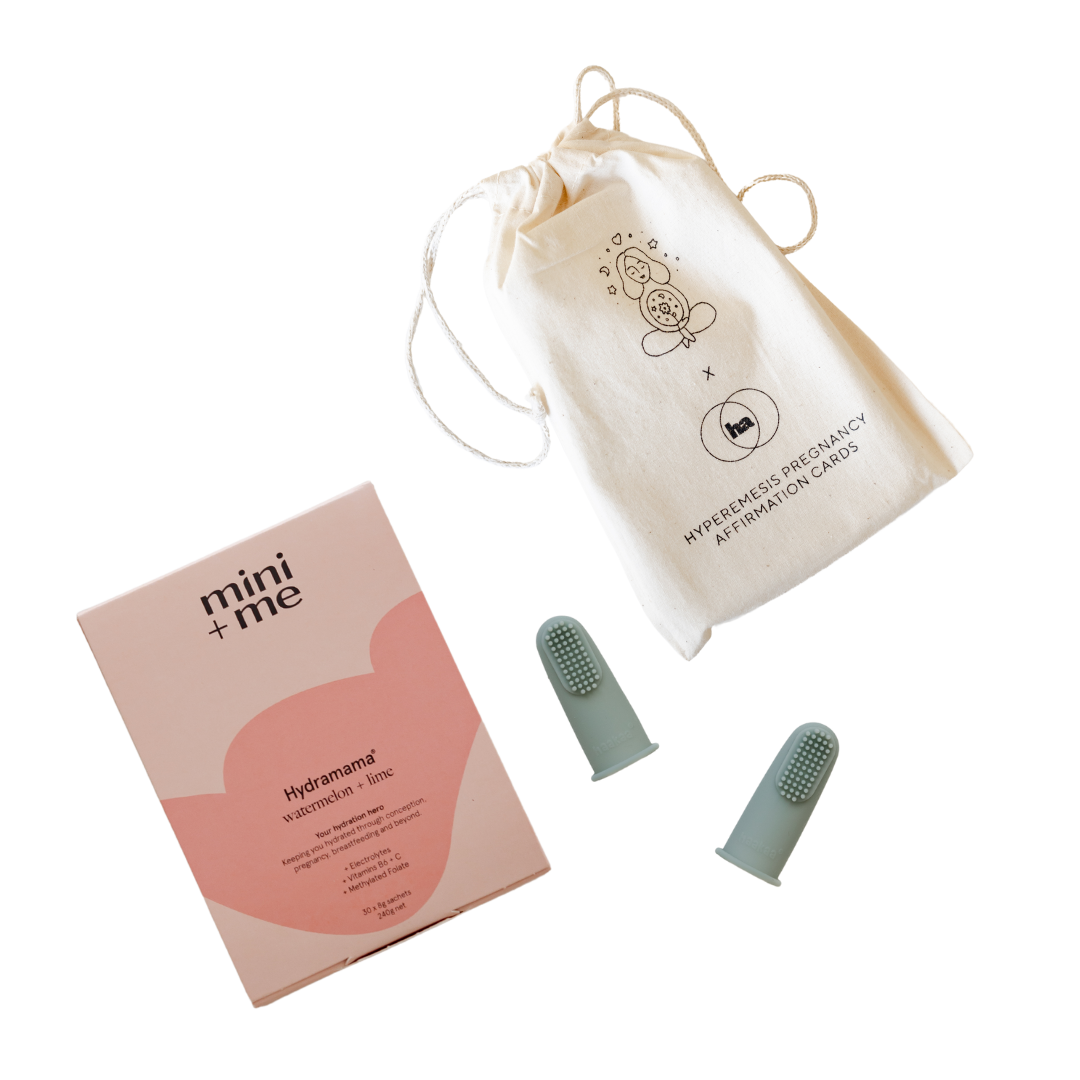 A bag equipped with a pack of earplugs and a book, essential for Hyperemesis Gravidarum (HG) mamas in Australia, called the "biglittlethings HG mama gift set.