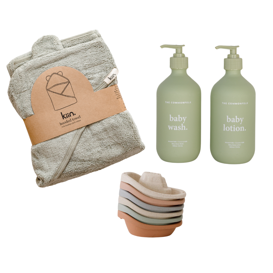 A biglittlethings Bath Time gift set with a towel, soap and a bottle. Enjoy free shipping!