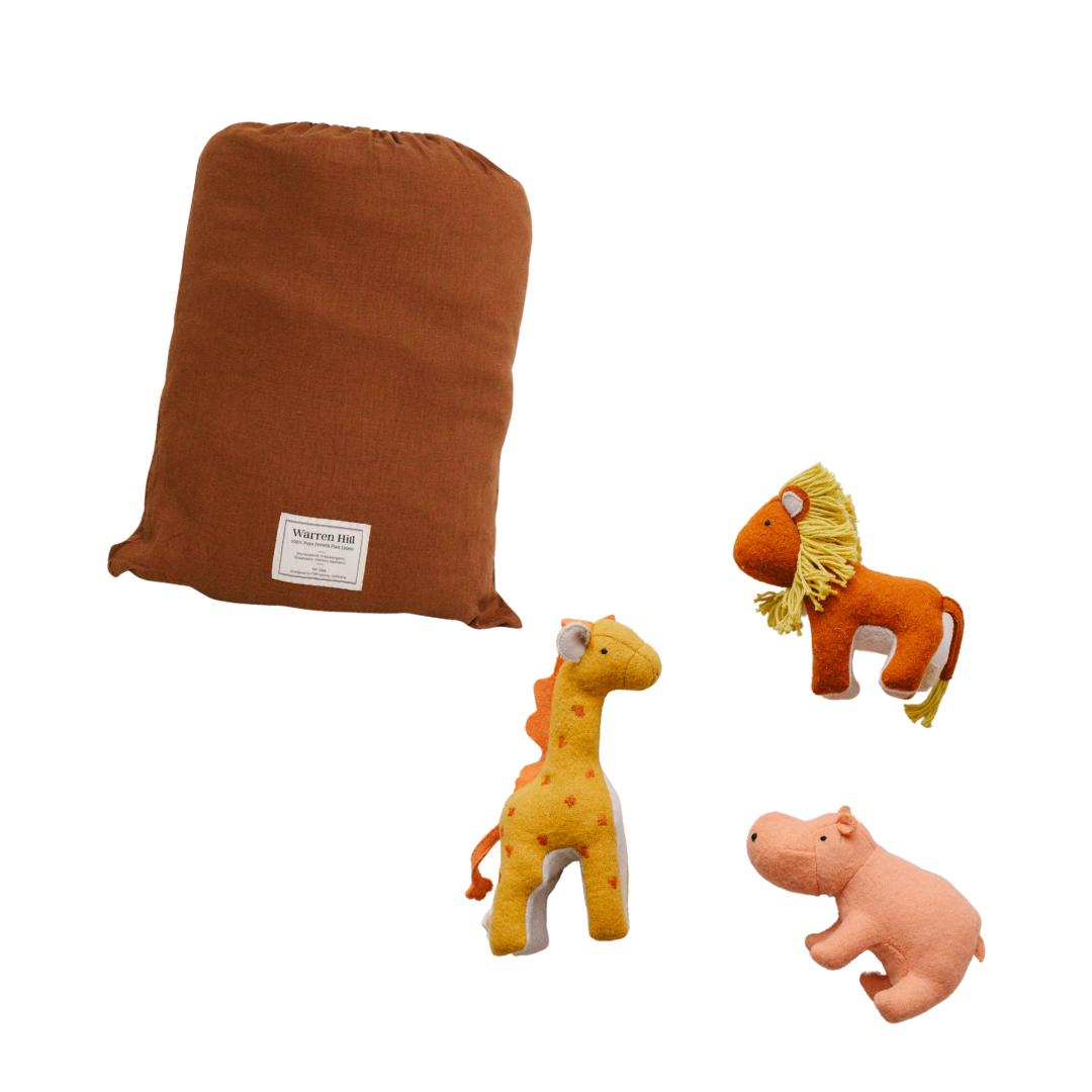 A biglittlethings play time gift set filled with stuffed animals, including a creative and adorable giraffe.