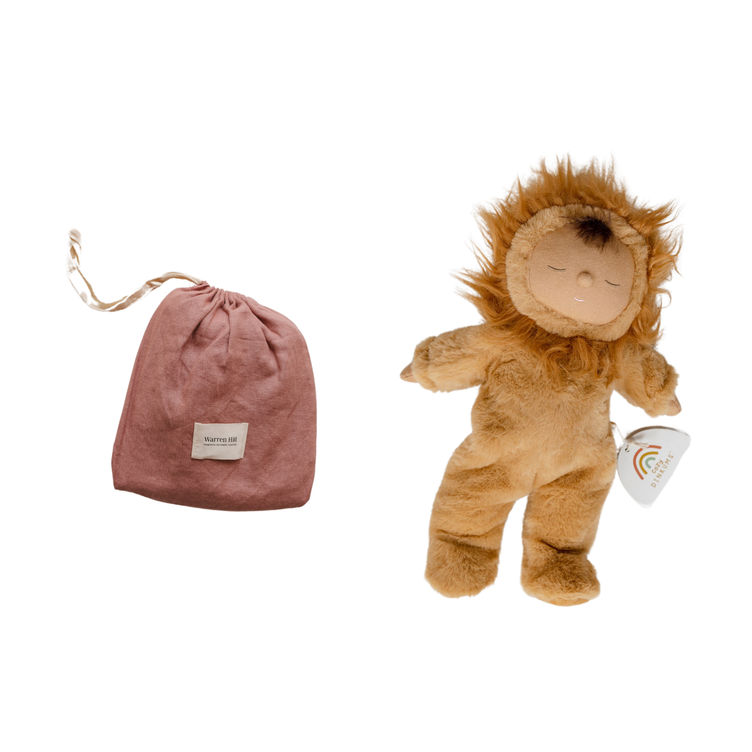 A cozy things gift set featuring a stuffed lion and a pink bag, with free shipping, by biglittlethings.
