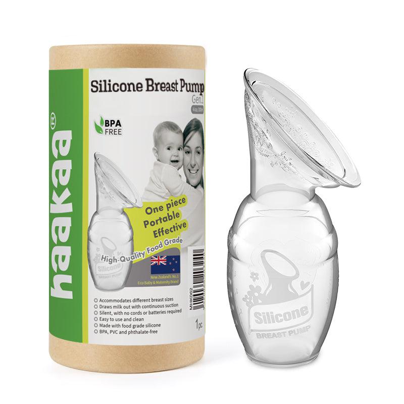 A Haakaa Silicone Breast Pump 100ml Gen 1 clear bottle with the Haakaa logo on it.