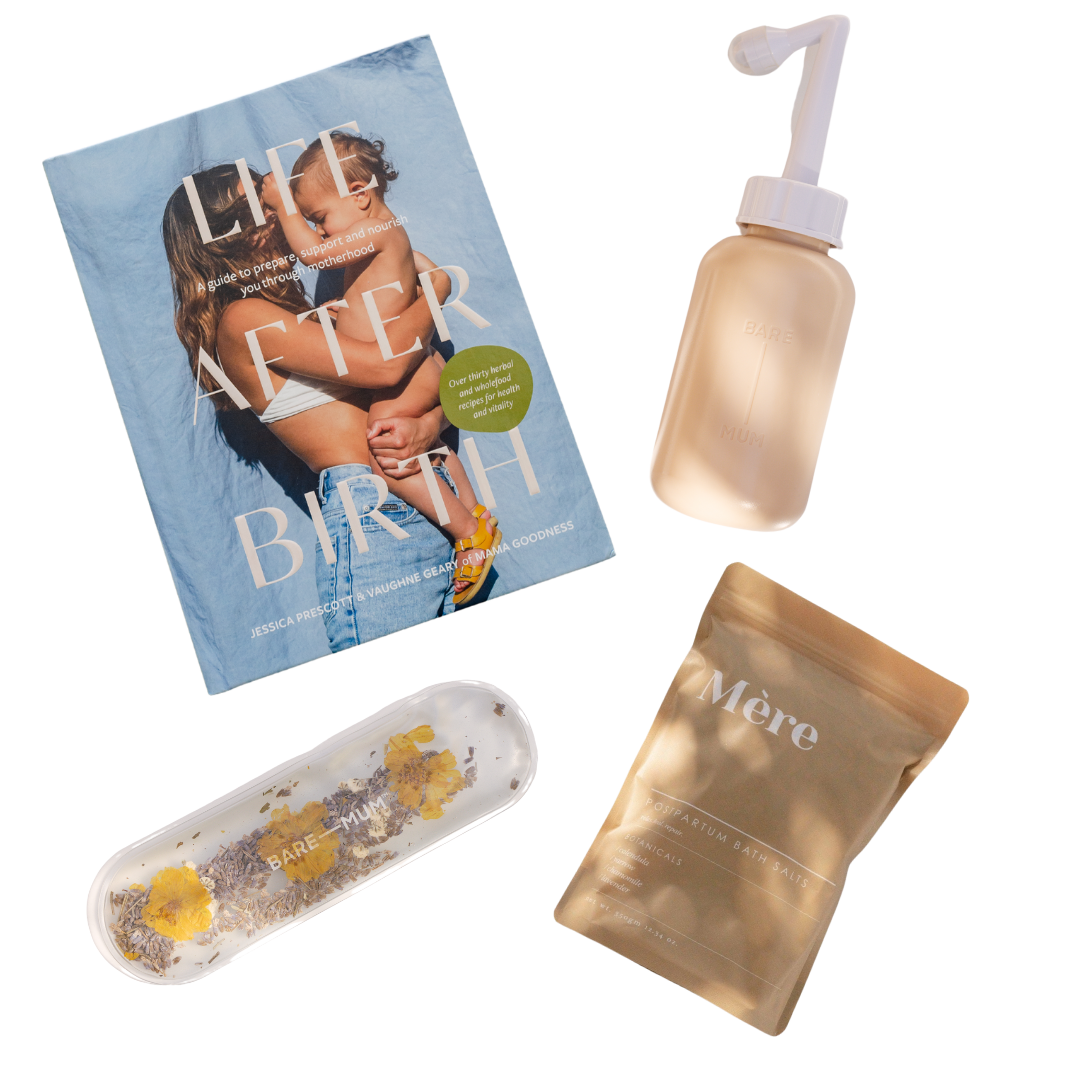 The biglittlethings postpartum recovery gift set, including a book, a bottle of water, and a bottle of baby wipes with free shipping.