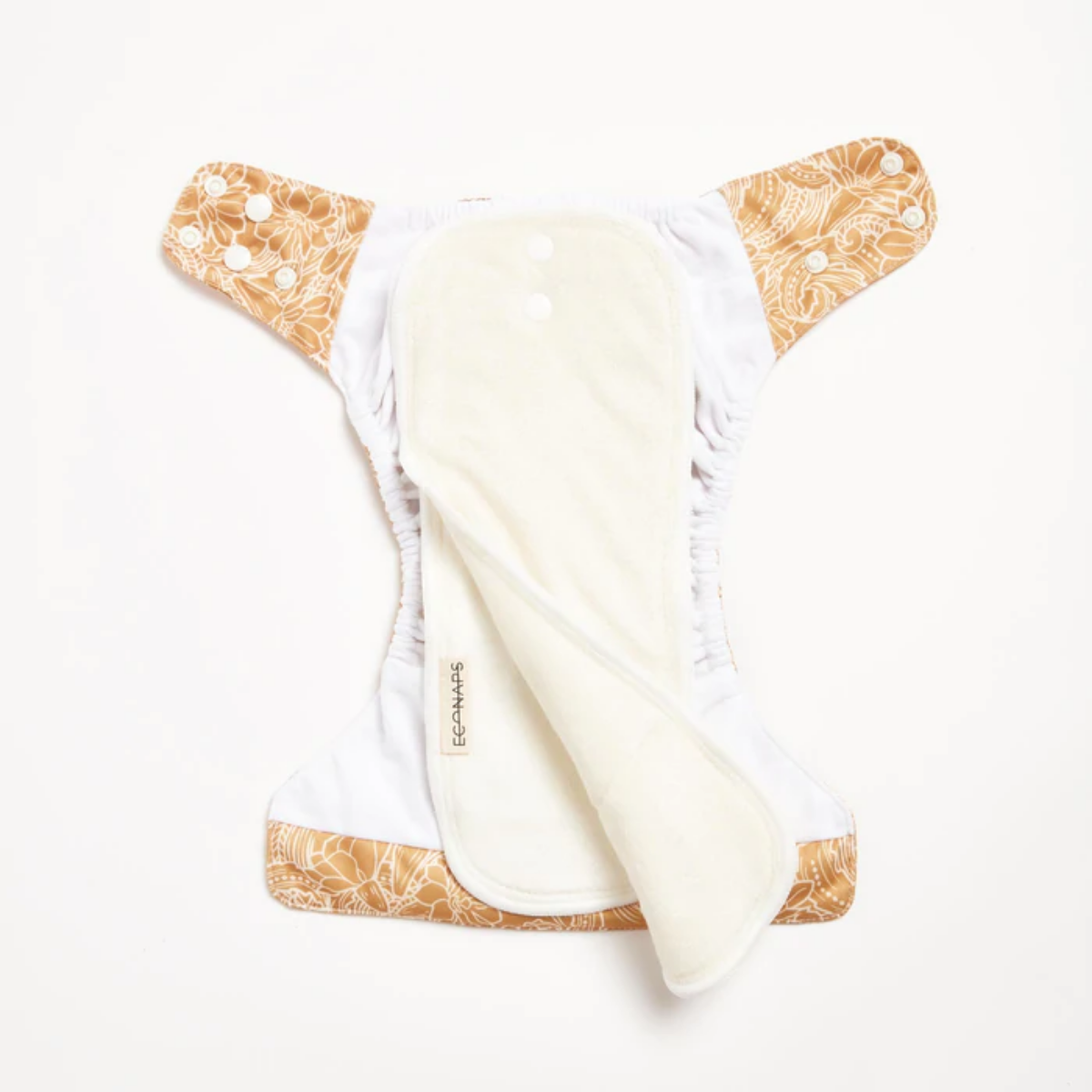 An open modern cloth diaper with a native print from EcoNaps in the shade Desert Cactus on a white surface.