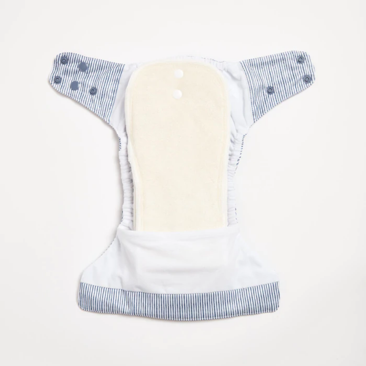 An open Indigo Pinstripe 2.0 Modern Cloth Nappy by EcoNaps on a white surface.