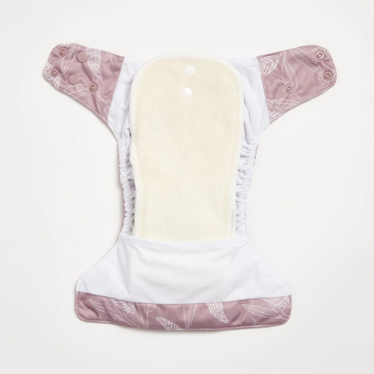 An open Mauve Native 2.0 Modern Cloth Nappy by EcoNaps on a white surface.