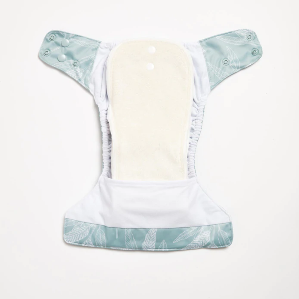 An open Ocean Native 2.0 Modern Cloth Nappy with white native prints on it by EcoNaps.