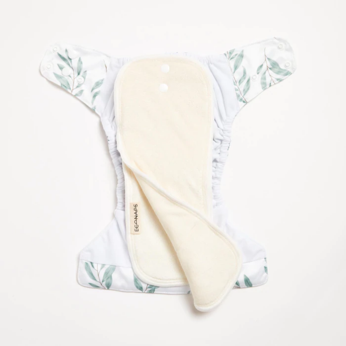 An open Olive Leaf 2.0 Modern Cloth Nappy with green olive leaves on it by EcoNaps on a white surface.